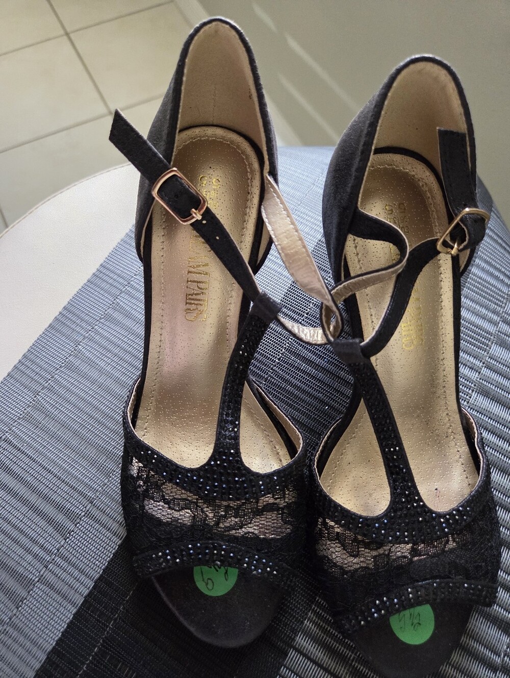 Dream Pairs Black Lace T-Strap Heels with Gold Buckles